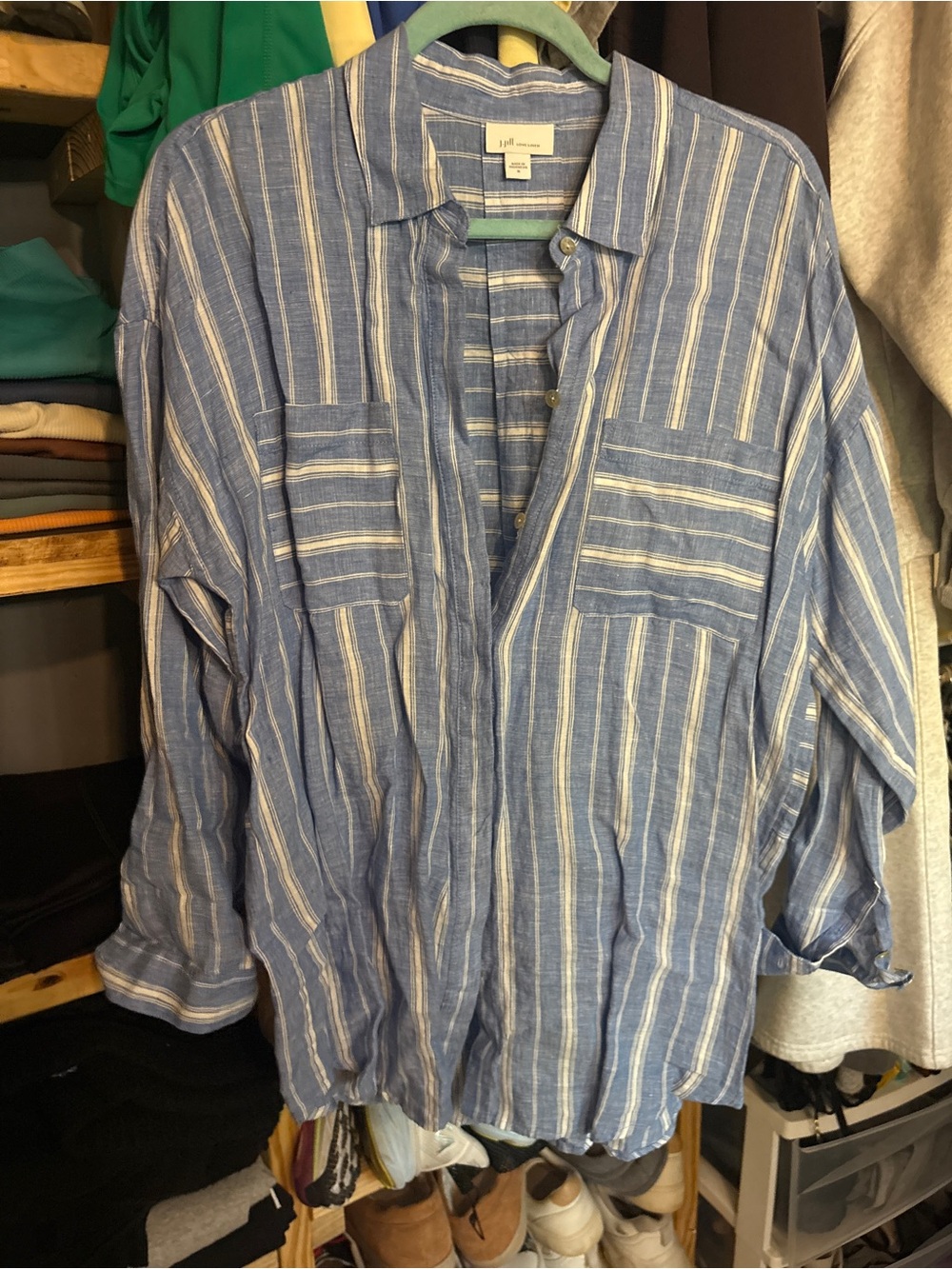 J. Jill Blue and White Striped Button-Front Blouse